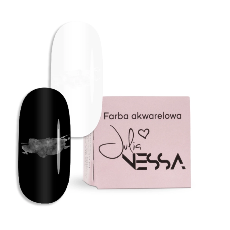Farba akwarelowa AquaNess biała – opakowanie i wzorniki na białym i czarnym tle