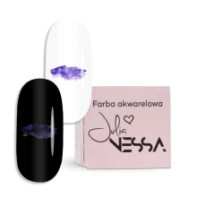 Farba akwarelowa AquaNess fioletowa – opakowanie i wzorniki na białym i czarnym tle