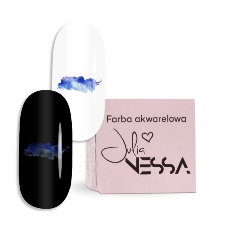 Farba akwarelowa AquaNess kobaltowa – opakowanie i wzorniki na białym i czarnym tle