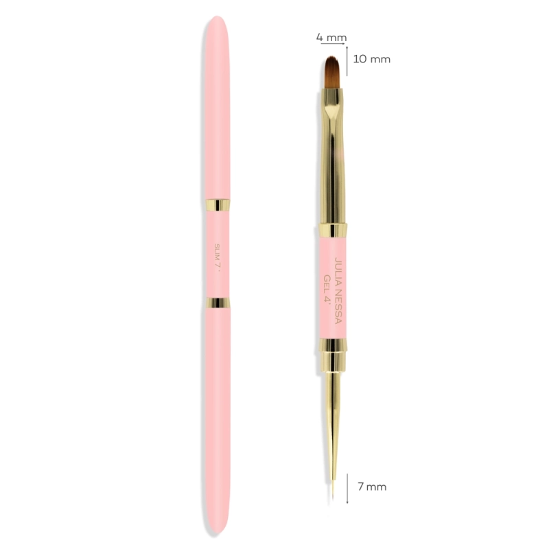 Dwustronny różowy pędzelek Slim-Gel brush 7mm/4mm – zamknięty i otwarty z wymiarami włosia