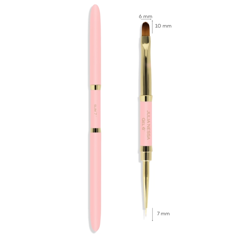 Dwustronny różowy pędzelek Slim-Gel brush 7mm/6mm – zamknięty i otwarty z wymiarami włosia