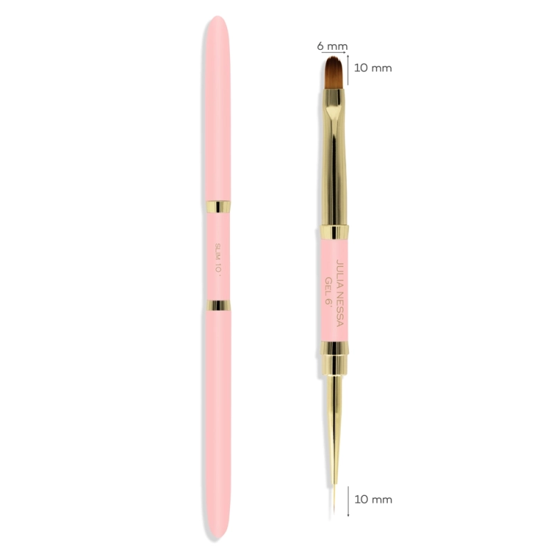 Dwustronny różowy pędzelek Slim-Gel brush 10mm/6mm – zamknięty i otwarty z wymiarami włosia