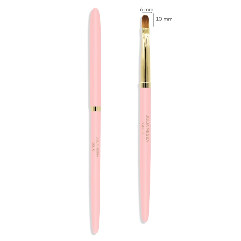 Różowy pędzelek Gel Brush 6mm ze złotą skuwką – zamknięty i otwarty z wymiarami włosia