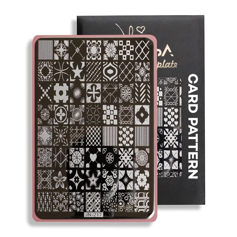 Blaszka do stempli Card pattern (JN-217) – geometryczne ornamenty, z czarnym opakowaniem