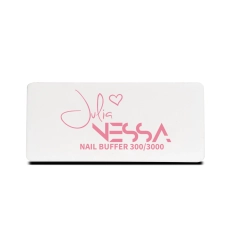 Biały blok polerski 300/3000 z różowym logo Julia Nessa i napisem Nail Buffer