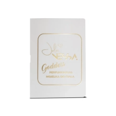 Biały kartonik próbki perfumowanej mgiełki do ciała Goddess ze złotym nadrukiem