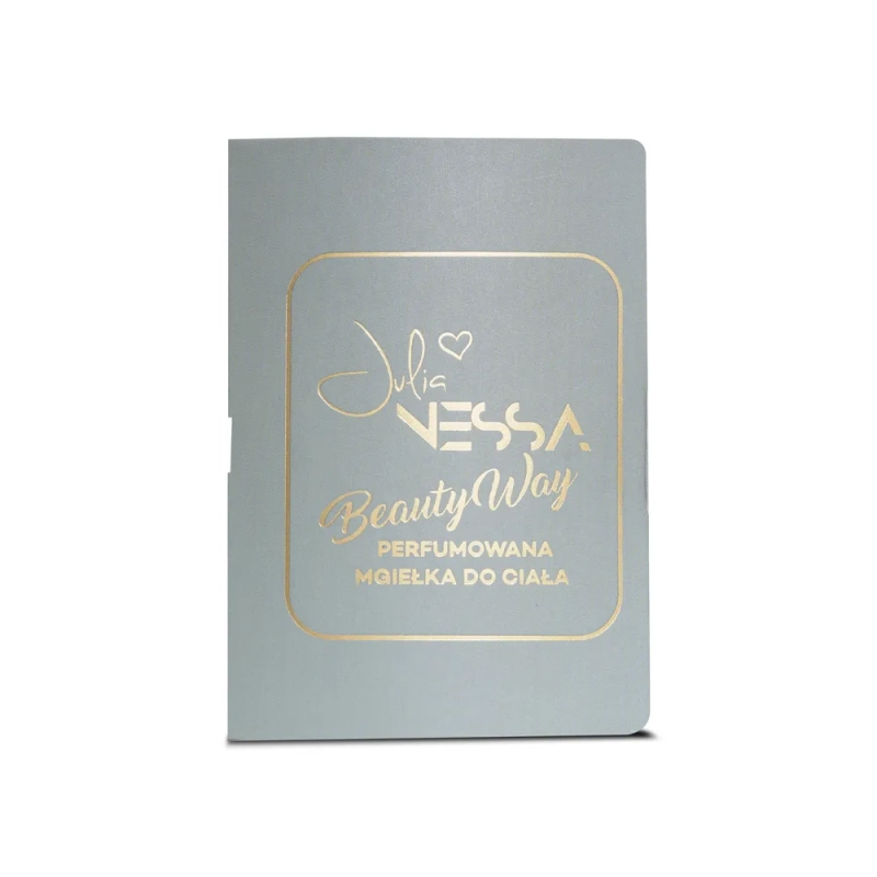 Szary kartonik próbki perfumowanej mgiełki do ciała Beauty Way ze złotym nadrukiem