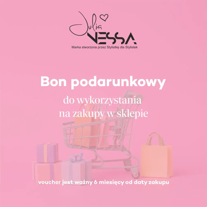 Bon podarunkowy Julia Nessa do wykorzystania na zakupy w sklepie – różowa grafika z wózkiem