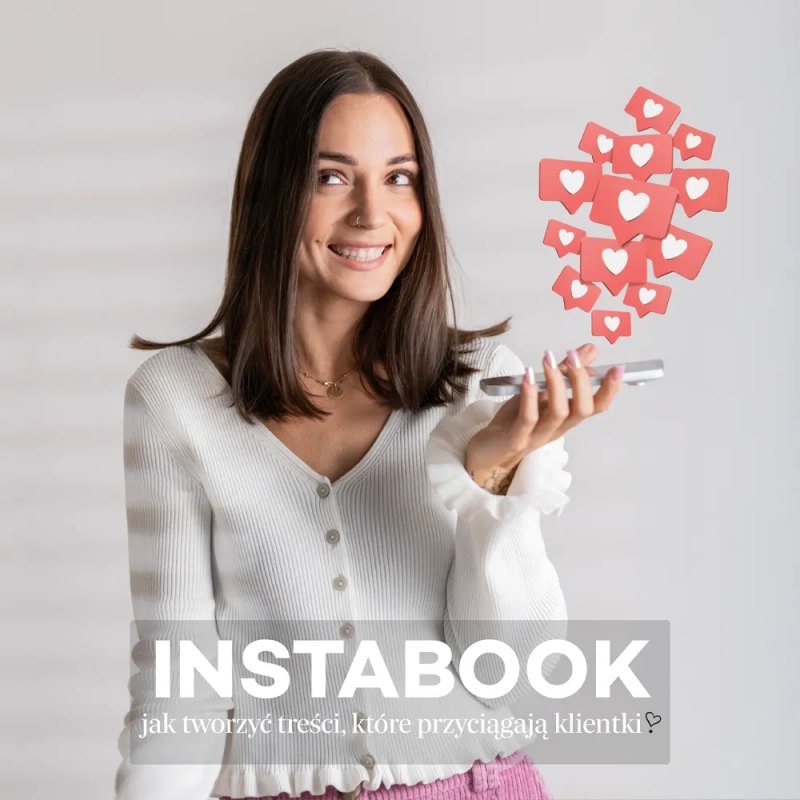 Okładka ebooka INSTABOOK – uśmiechnięta kobieta z telefonem i ikonami polubień