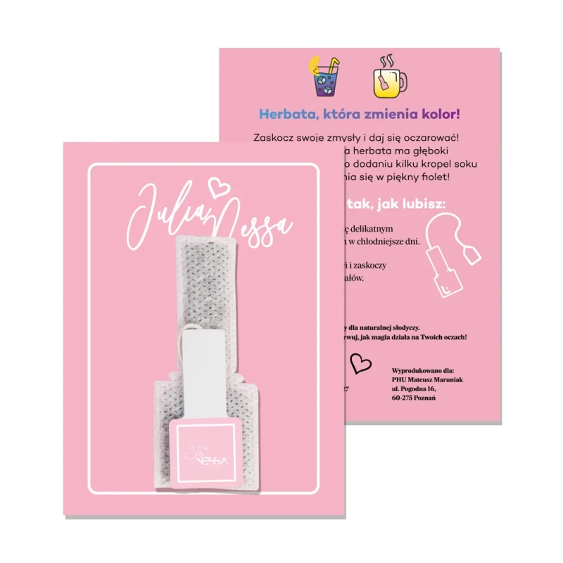 Magiczna herbata Julia Nessa – torebka w kształcie buteleczki lakieru na różowej karcie z ulotką