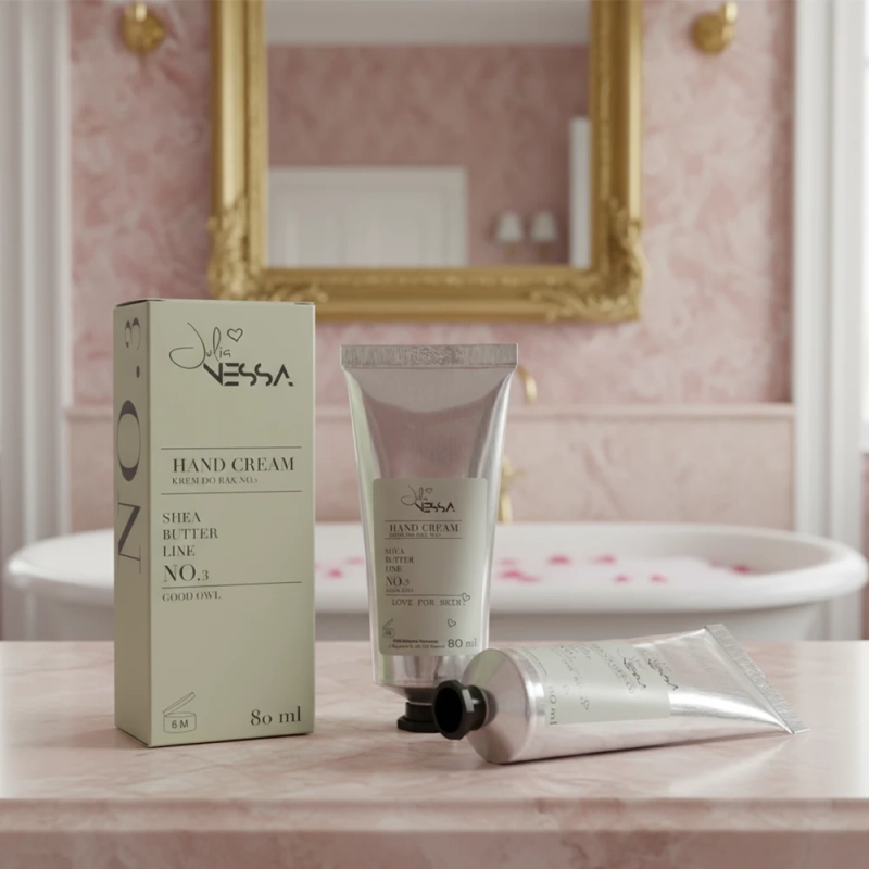Perfumowany krem do rąk No.3 – kartonik i dwie tubki na blacie w różowej łazience