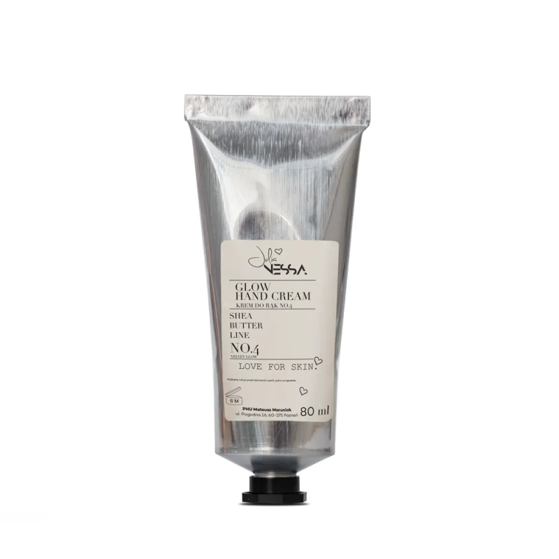 Srebrna tubka rozświetlającego perfumowanego kremu do rąk No.4 Glow Hand Cream