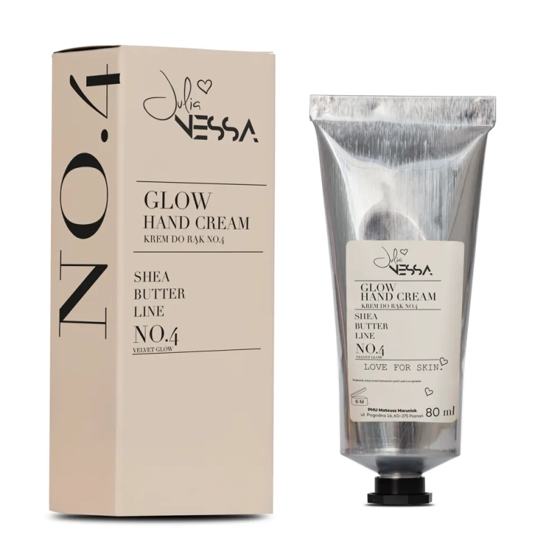 Beżowy kartonik i srebrna tubka rozświetlającego kremu do rąk No.4 Shea Butter Line