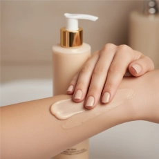 Dłoń rozprowadzająca rozświetlający balsam Velvet Glow na przedramieniu