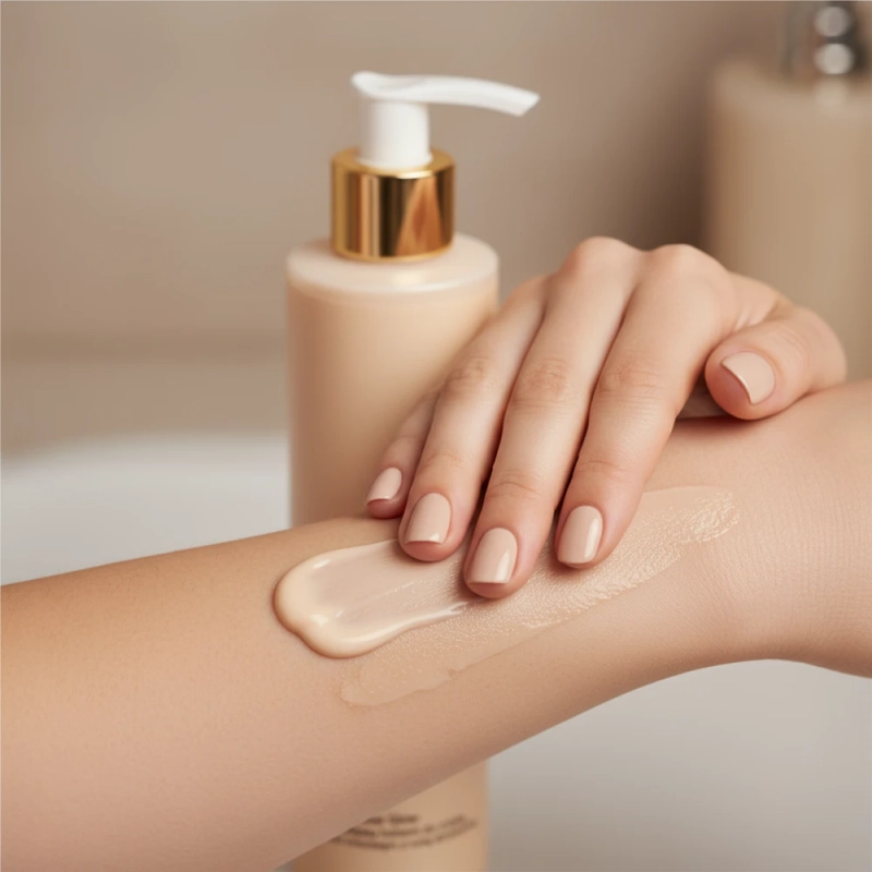 Dłoń rozprowadzająca rozświetlający balsam Velvet Glow na przedramieniu