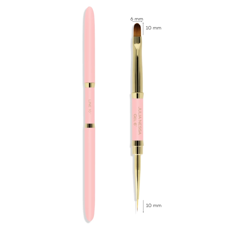 Pędzelek Julia Nessa Line-Gel brush 10mm/6mm różowy w wersji składanej, prezentowany na białym tle z widocznymi końcówkami i oznaczeniami długości