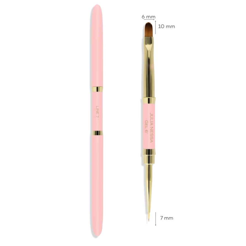 Pędzelek Julia Nessa Line-Gel brush 7mm/6mm różowy w wersji składanej, zamkniętej i otwartej, widoczny metalowy korpus w odcieniach złota i różu, z wyraźnie oznaczonymi rozmiarami włosia