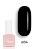 Lakier hybrydowy NessaUV lac 604 Perfect Black 8 ml w butelce obok wzornika z intensywną czernią na białym tle