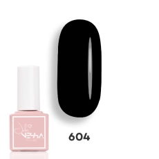 Lakier hybrydowy NessaUV lac 604 Perfect Black 8 ml w butelce obok wzornika z intensywną czernią na białym tle