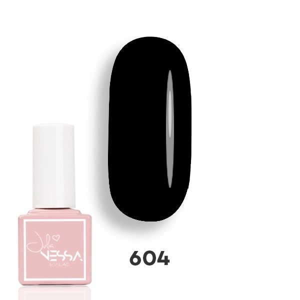 Lakier hybrydowy NessaUV lac 604 Perfect Black 8 ml w butelce obok wzornika z intensywną czernią na białym tle