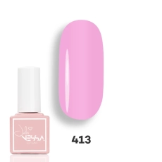 Lakier hybrydowy NessaUV lac 413 w odcieniu pastelowego różu, buteleczka obok wzornika koloru, idealny do słodkiego manicure