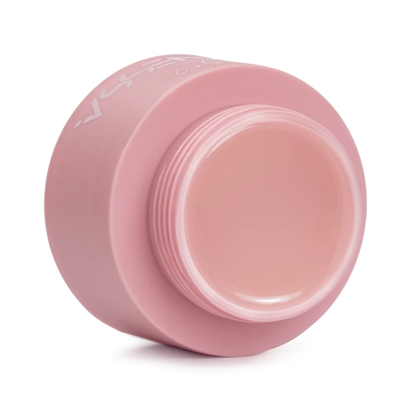 Otwarty pojemnik z płynnym akrylożelem Liquid AcrylicGel Clear 50 ml Julia Nessa w różowym opakowaniu, widoczna transparentna konsystencja