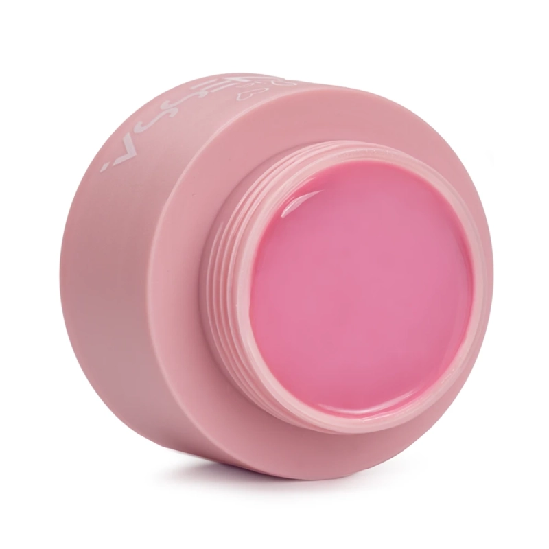Płynny akrylożel Liquid AcrylicGel Pink 50 ml w otwartym słoiczku, widoczny gęsty różowy żel w klasycznym, ciepłym odcieniu
