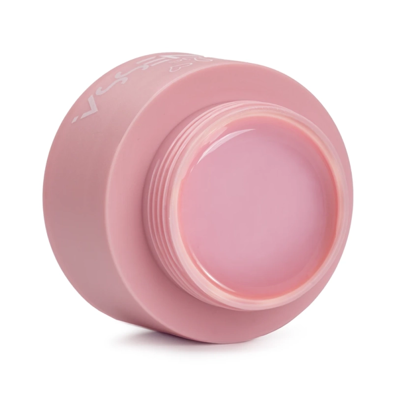 Płynny akrylożel Liquid AcrylicGel Light Pink 50 ml w otwartym, różowym słoiczku, widok z góry na konsystencję produktu