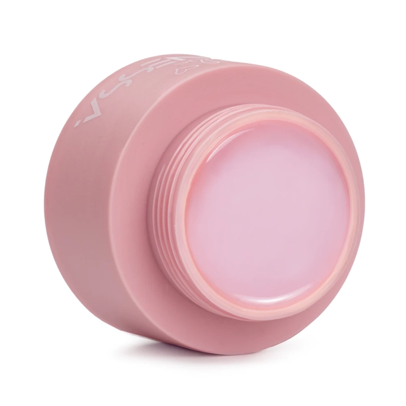 Płynny akrylożel Liquid AcrylicGel Milky Pink 50 ml w odcieniu mlecznego różu, widok na otwarty słoiczek z konsystencją produktu
