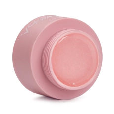 Płynny akrylożel Liquid AcrylicGel Pink Gold 50 ml w otwartym słoiczku, widoczny różowy żel z delikatnym złotym połyskiem