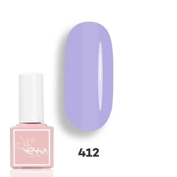 Lakier hybrydowy NessaUV lac 412 w kolorze pastelowego, przygaszonego fioletu oraz wzornik z odcieniem Lavender Dream