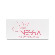 Blok polerski 120/120 – biały z różowym logo Julia Nessa i napisem Nail Buffer
