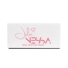 Biały blok polerski 90/90 z różowym logo Julia Nessa i napisem Nail Buffer