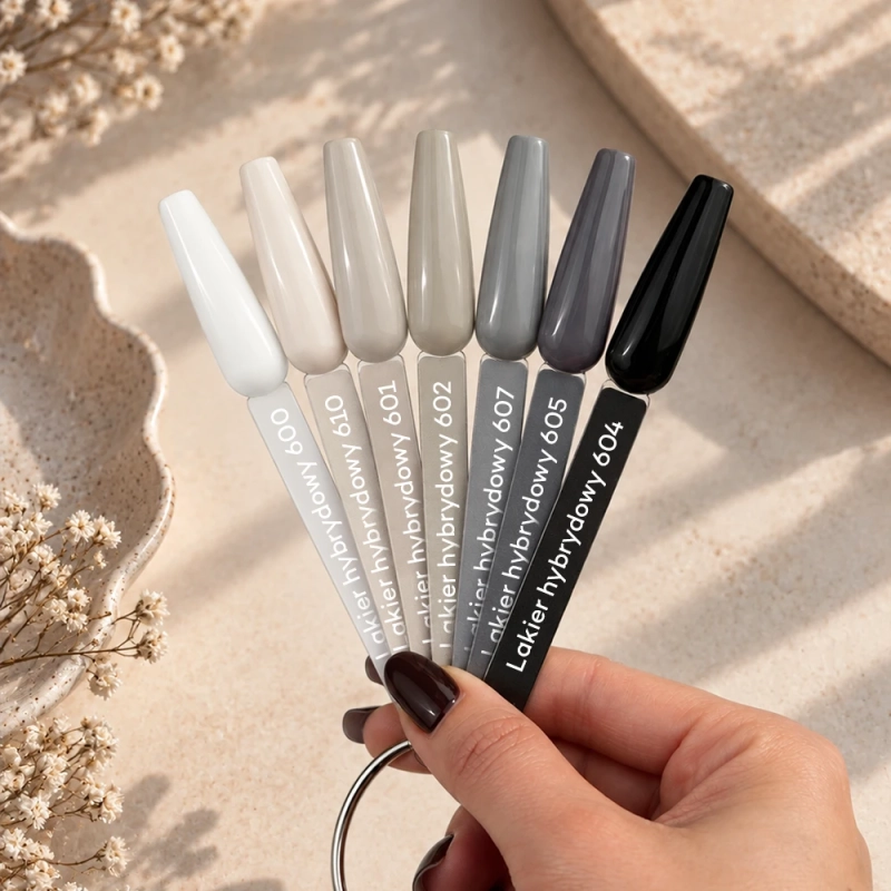 Dłoń, która trzyma wzornik z kolorami 600, 610, 601, 602, 607, 605, 604